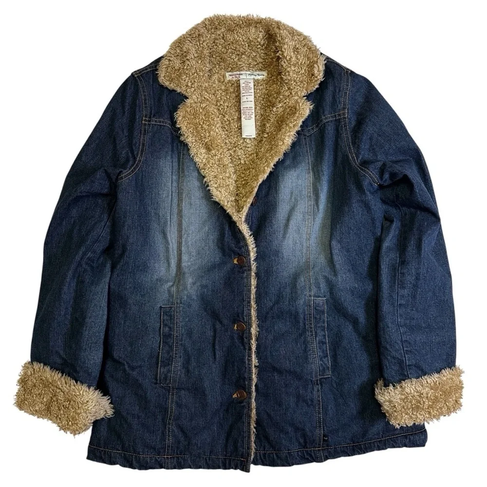 Abercrombie and Fitch Denim Barn Jacket Coat Size Large Sherpa Lined Pockets NEW - Picture 3 of 12